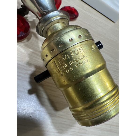 Vintage Red Hollywood Regency Lamp Crystals Gold Marble Punch Pleat Shade Lot 2 - Picture 10 of 15